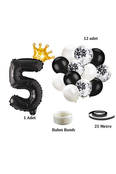 Patladı Gitti 5 Number Black Foil Balloon, King's Crown and Black Balloon Set with Confetti