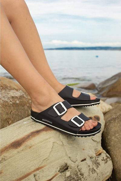 COMFORT OF PANTOFOLE Черни чехли с две катарами и спортен мотив
