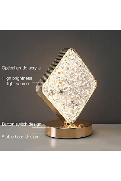 PİNK İTHALAT Şarjlı Kare Kristal Elmas Masa Lambası Dokunmatik Romantik Akril...