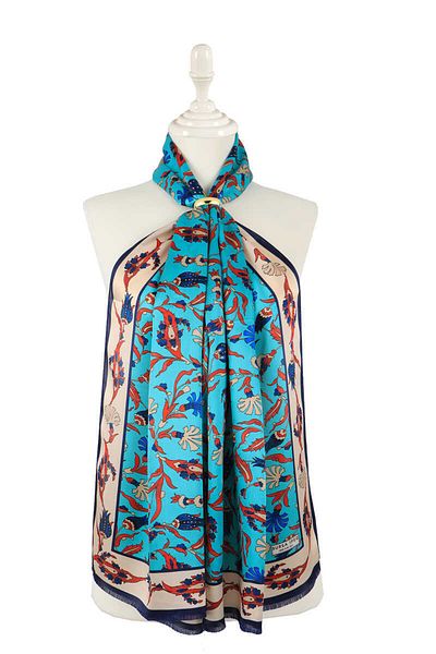Bursa İpek Turquoise Cream Carnation Tulip Silk Scarf