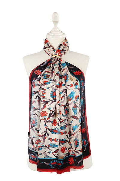 Bursa İpek Black Claret Red Carnation Tulip Silk Scarf