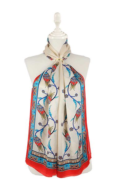 Bursa İpek Turquoise Red Row Tulip Silk Scarf