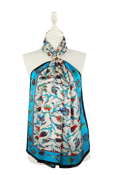 Bursa İpek Turquoise Black Carnation Tulip Silk Scarf
