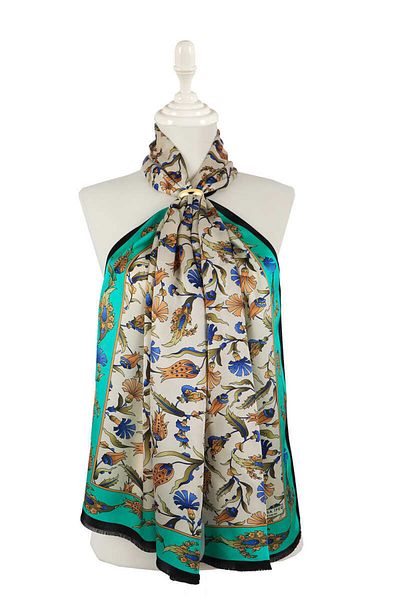 Bursa İpek Green Black Carnation Tulip Silk Scarf