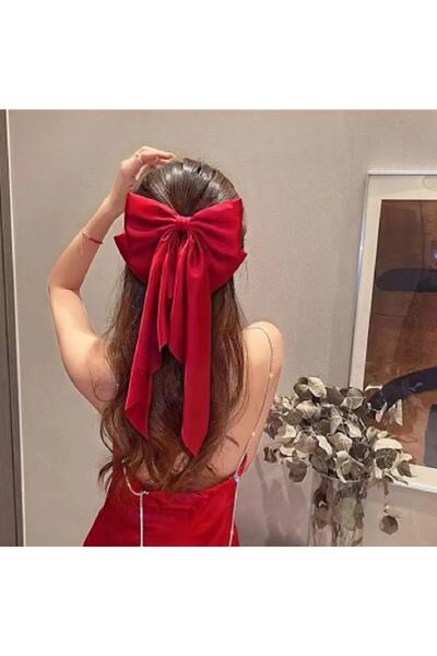 Elvinege Aksesuar Fularlı Fiyonk Toka - Saten Fiyonk Toka - Kırmızı Uzun Kuyruklu Fiyonklu Klipsli Saç Tokası