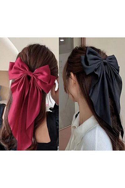 Elvinege Aksesuar Agrafă cu fundă pentru eșarfă din satin - Negru și roșu 2 bucăți Combinație de cleme cu fundă cu coadă lungă Clip de păr