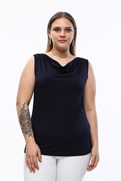 Seamoda Degaje Collar Sandy Large Size Women's Basic Blouse 4 Seasons Comfortable Use Stylish Athlete-navy blue