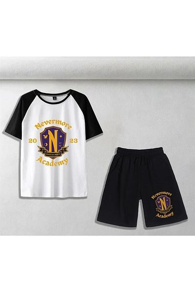 Gofeel Nevermore Academy Patterned Cut White Colored Unisex Oversize T-shirt & Shorts Double Set