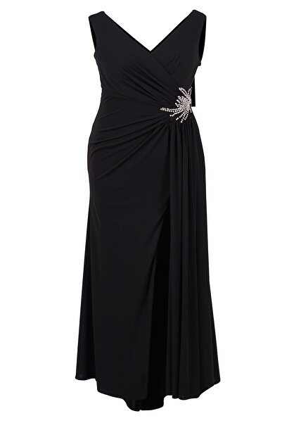 SpringStore Siyah Beli Taşlı V Yaka Abiye Elbise