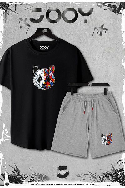 Jooy Company Σετ 2 Μαύρο Tshirt Panda Printed Slim Fit - Γκρι σορτς