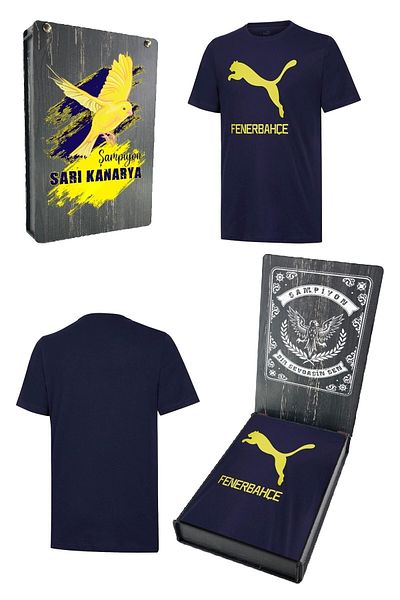 Fenerbahçe Original Puma Crew Neck Navy Blue T-shirt with Gift Wooden Box