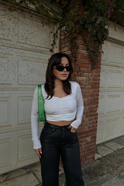 Jose Clothing Kadın Kare Yaka Ön Büzgü Detay Uzun Kollu Crop Bluz