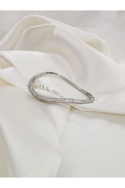 Eva Takı 316 L S Shaped Zircon Stone Steel Silver Colored Clamp