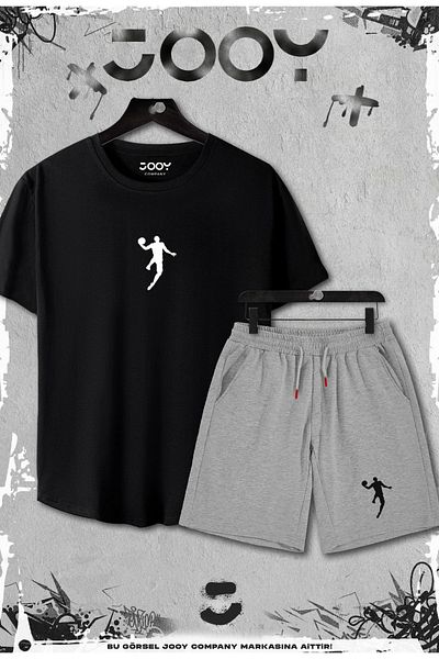Jooy Company Μαύρο μπλουζάκι 2 τεμαχίων Basketball Player Slim Fit - Σετ γκρι σορτς