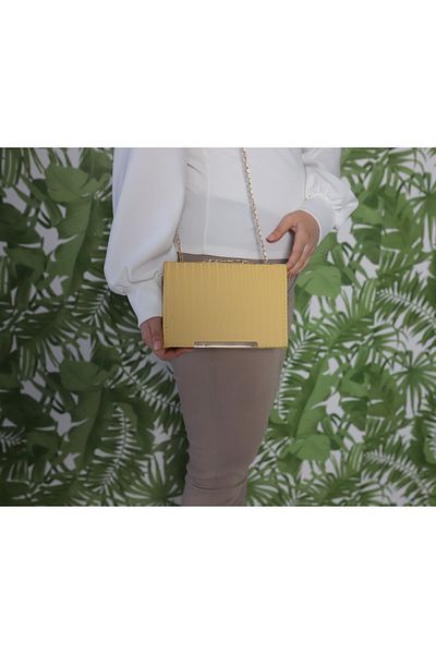 Elentra Κίτρινη βραδινή τσάντα, Satin Look Gold Clip Clutch Bag, Okizero Chain Strap Γυναικεία βραδινή τσάντα