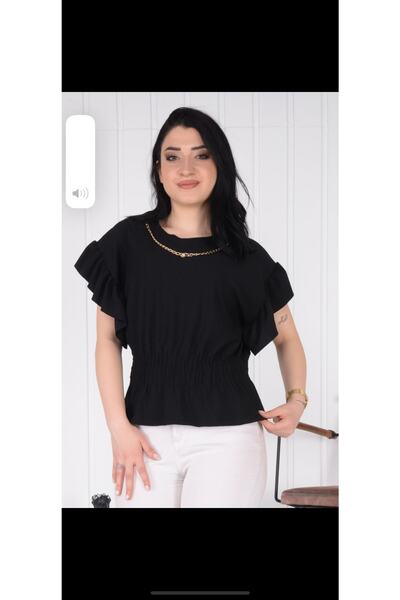 NUR TEKSTİL Kadın Siyah Bürümcük Kolye Detay Beli Lastikli Bluz