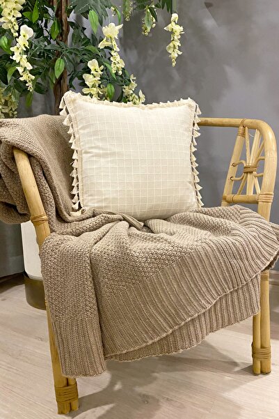 Realhomes Handmade Natural %100 Organik Pamuklu 4 Kenar Püsküllü Kare Kırlent...