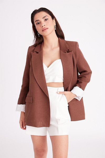 Laluvia Braun gestreifte, gefütterte Leinenjacke