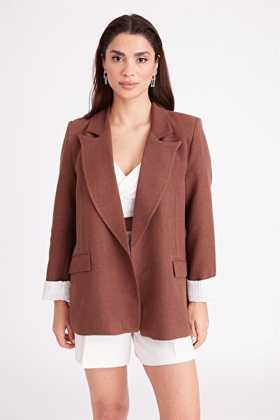 Laluvia Μπουφάν από λινό καφέ ριγέ