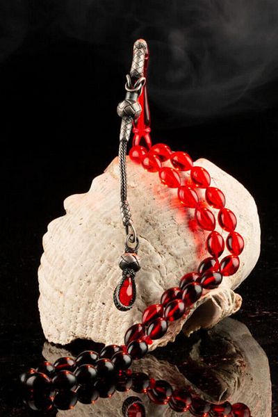 Diriliş Takı Barley Cut Red Black Color Transitional Fire Amber Prayer Beads