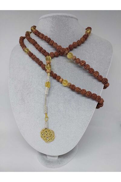 Yasamtohumu Rudraksha Tohumlu Sitrin Taşlı 108'lik El Yapımı Bakır Kazazlı Mala Kolye
