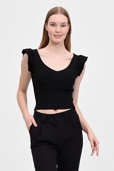 Fanori Woman Fitted/vücuda Oturan Crop Kolu Fırfırlı V Yaka Siyah Triko Bluz