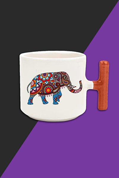 bymat كوب لاتيه بلون كريمي على شكل فيل عرقي - كوب بمقبض برتقالي