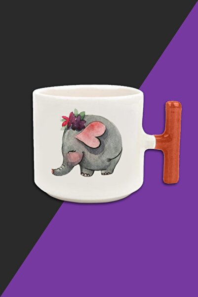 bymat كوب لاتيه بلون كريمي على شكل فيل - كوب بمقبض برتقالي