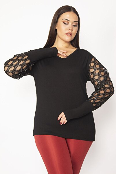 Şans Γυναικεία Μπλούζα Μεγάλου Μεγάλου Μαύρο Μανίκι Λεπτομερής Μπλούζα 65n19735