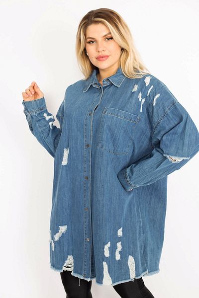 Şans Jachetă tunică de denim supradimensionată pentru femei, de mărime mare, albastră ruptă, detaliată 65n28046