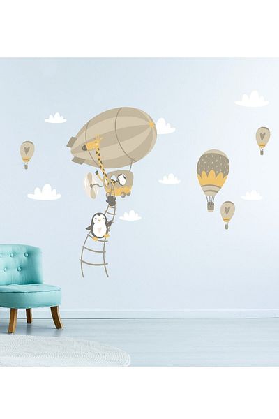 Sim Tasarım Penguins Airship And Air Balloons Wall Sticker Set - Sim747