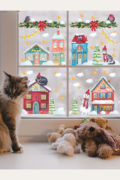 Sim Tasarım Christmas City with New Year's Cat New Year's Snowy City Glass Door Wall Sticker Set