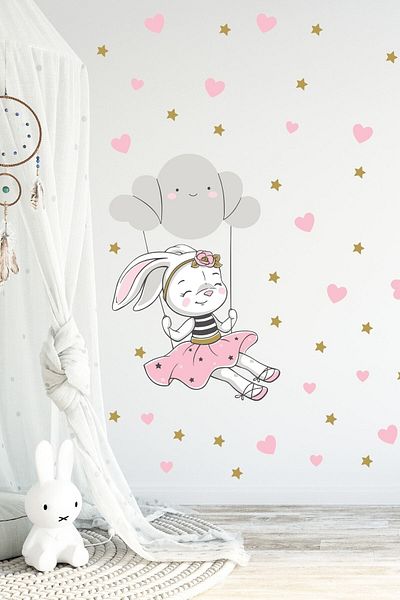 Sim Tasarım Cheerful Rabbit on a Swing Wall Sticker Set - Sim748
