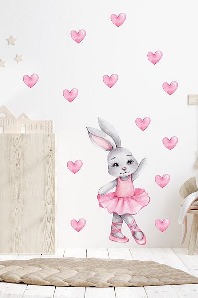Sim Tasarım Heart Ballerina Rabbit Wall Sticker Set