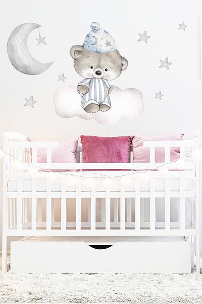 Sim Tasarım Sleepy Pajama Teddy Bear Wall Sticker Set