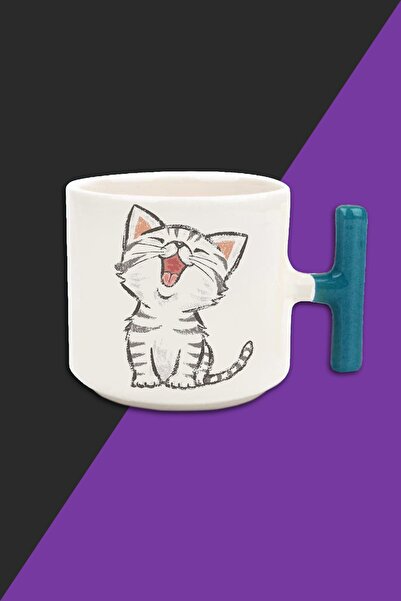bymat Cute Cat - Cute Cat - Cream Color Latte Cup Mug - Blue Handle Cup Mug