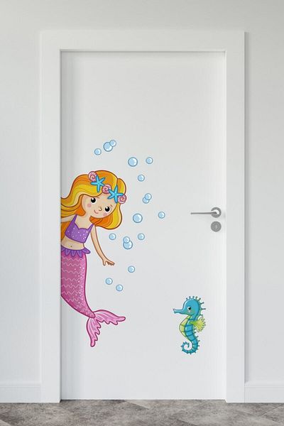 Sim Tasarım Mermaid And Sea Horse Children's Room Right Direction Door Wall Sticker Set - Sim657