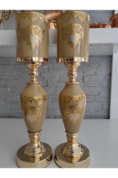 ALANYA HOME DECOR 2 Adet Lüks Varak Şamdan/mumluk Cam Gövde Altın Metal Ayak ...