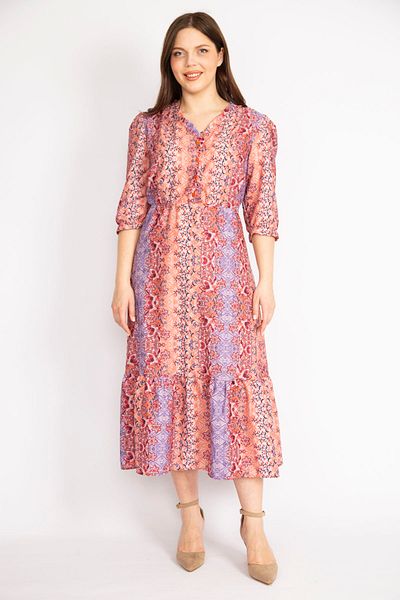 Şans Women's Colorful Plus Size Collar Frilly Dress with Ornamental Buttons at the Waist and Cuffs and Elastic Detail