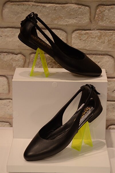 Isy Kadın Siyah Cilt Düz Sade Arkası Pencereli Babet