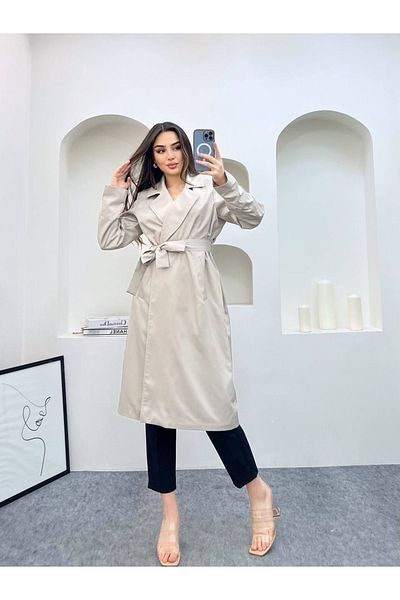 S&A Collectionn Women's Belted Padded Plain Trench Coat Stone Color