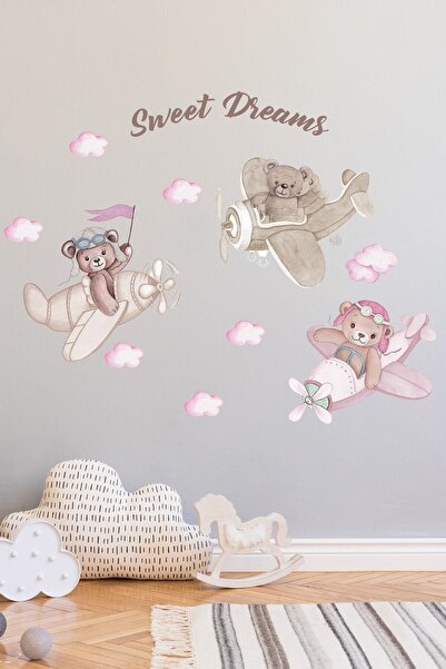 Sim Tasarım مجموعة ملصقات حائط باللون الوردي مكونة من 3 دببة طيار ودية