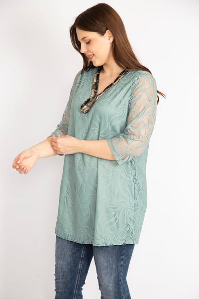 Şans Grüne Damen-Bluse mit Kragen in Übergröße, mit Perlen und Steinen bestickt, gefütterte Spitzenbluse 65n36236