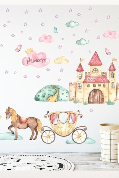 Sim Tasarım Fairy Tale Princess Castle And Carriage Kids Room Wall Sticker - Sim776