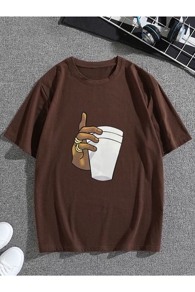 Serays moda Кафява детска тениска с щампа на чаша за кафе за момиче/момче