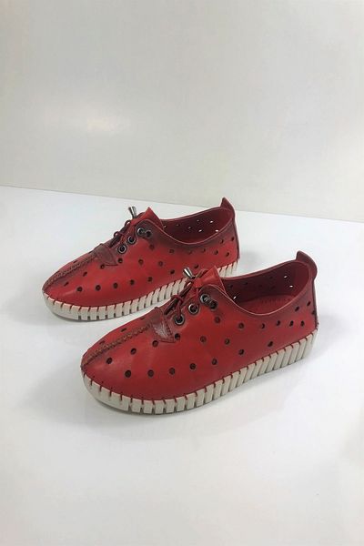 Tabak Deri Genuine Leather Rubber Laced Practical Summer Casual Shoes with Breathable Hole Detail on the Feet - red