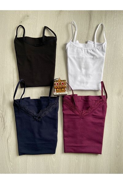 ParisTrend Women's Combed Cotton Lace and Plain Rope Strap 4-Piece Undershirt