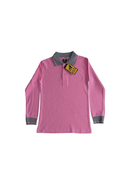 salarticaret Polo Yaka Tişört Çocuk Uzun Kol Gri Çizgi Yaka Pembe Okul Tişört...
