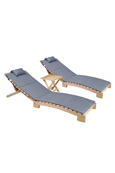 Bysay Ahşap Katlanabilir Yatar Şezlong Plaj Yatağı Minder Dahil 3 Lü Set (nat...