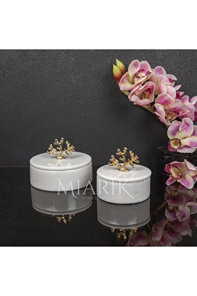 MIARIK DESIGN & DEKORASYON Beyaz Mermer Pirinç Kulplu 2 Li Dekoratif Kutu